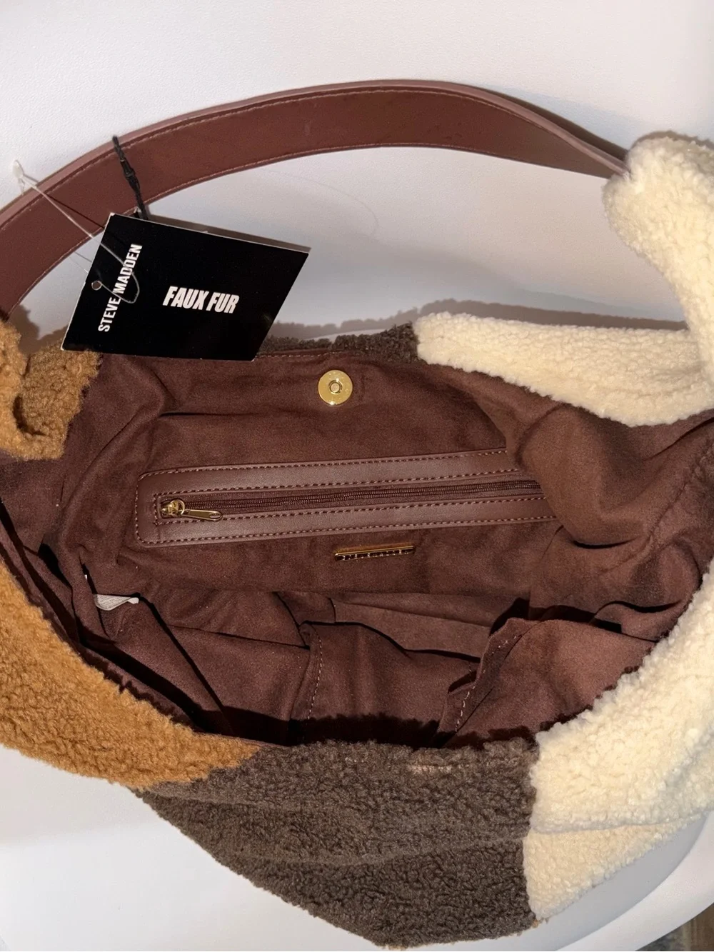 Steve Madden Cognac Multi BTully Patchwork Faux Shearling Hobo Bag NWT
